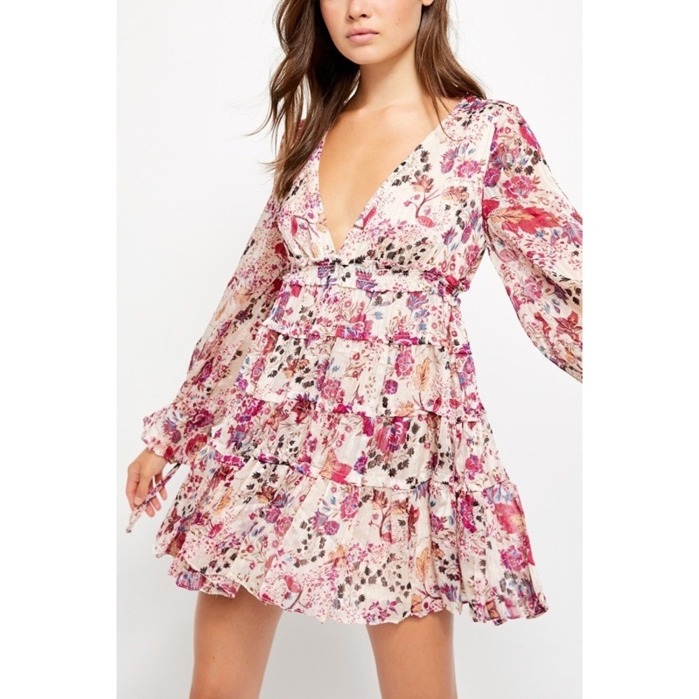 Free People Closer to the Heart Mini Dress Pink Floral Ruffle Boho S Coquette